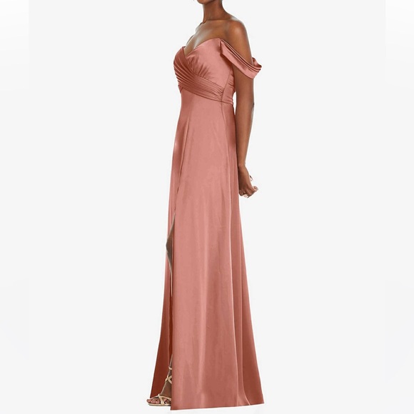 DESSY COLLECTION 3108 SATIN OFF-THE-SHOULDER FLOUNCE EMPIRE GOWN DESERT ROSE - Picture 3 of 11